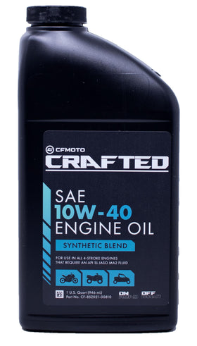 CFMoto 10W-40 oil bottle close-up showing brand label and measured volume benefit