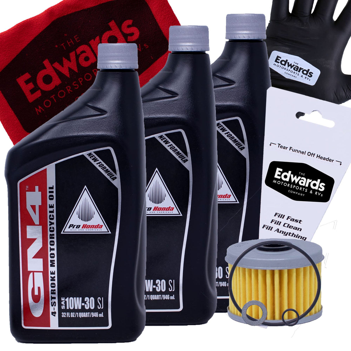 THE EDWARDS MOTORSPORTS & RVS COMPANY kit front view showing oil, filter and accessories for quick maintenance