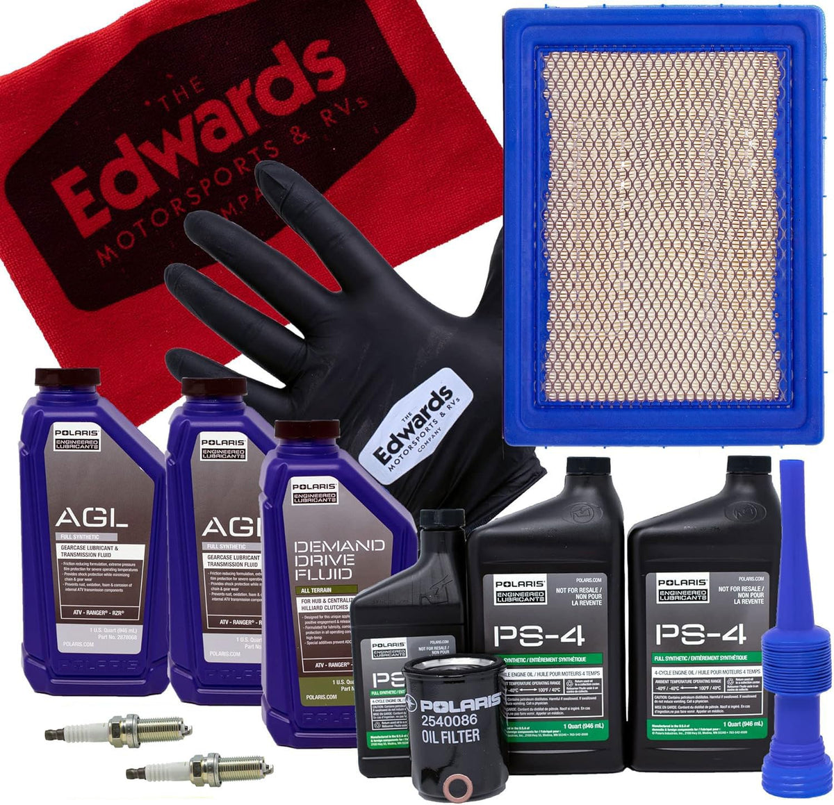 THE EDWARDS MOTORSPORTS & RVS COMPANY kit front view showing oils, filter and plugs for quick service