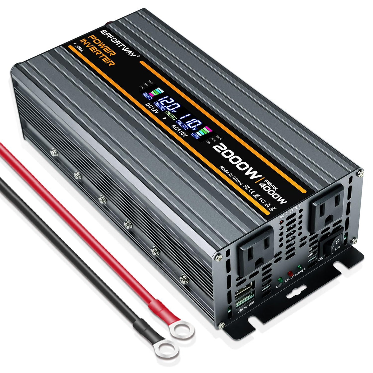 EFFORTWAY inverter front panel showing outlets and power status for versatile charging
