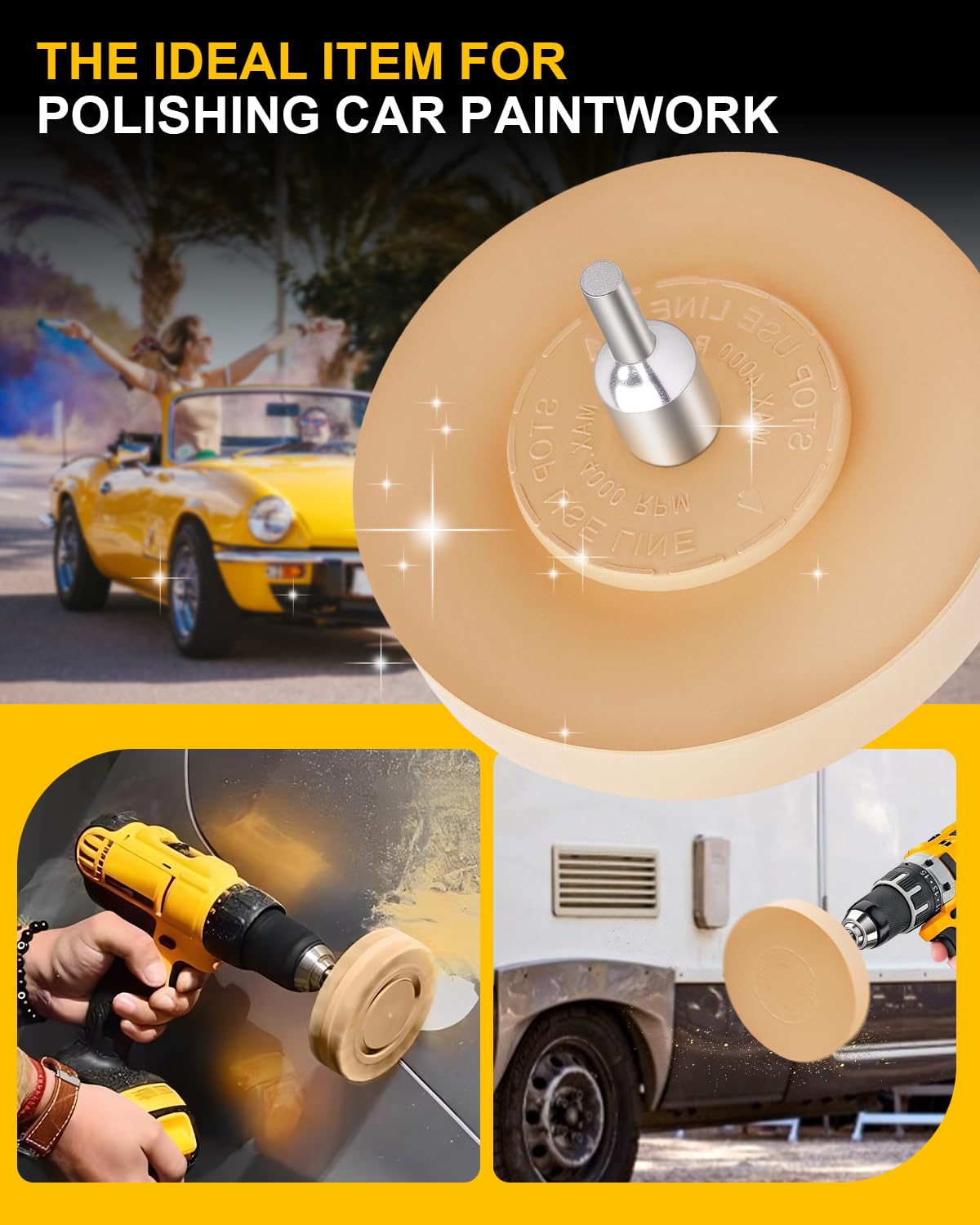 eFuncar eraser wheel mounted on drill in use removing a decal, faster adhesive removal benefit