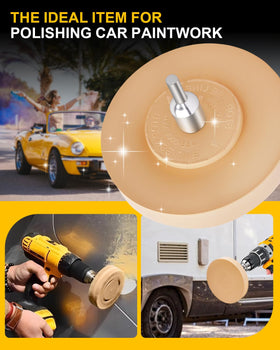 eFuncar eraser wheel mounted on drill in use removing a decal, faster adhesive removal benefit