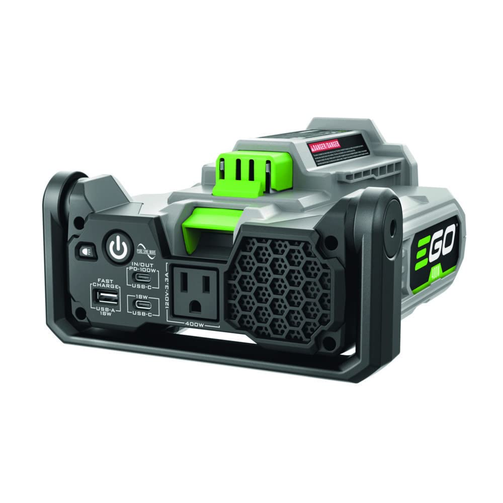 EGO POWER+ front panel showing controls and AC outlet for easy access