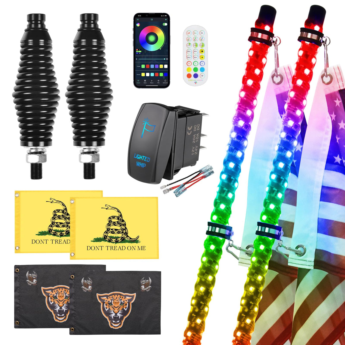 Ehaho front packaging showing two 4ft whip lights and accessories, clear kit overview benefit