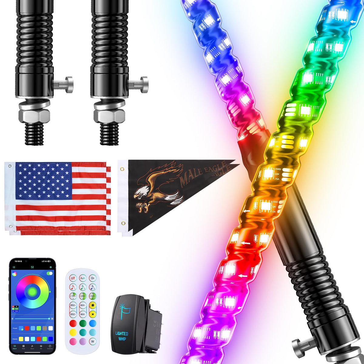 Ehaho front view of two 4ft RGB whip lights showing full kit and mounts, increasing visibility