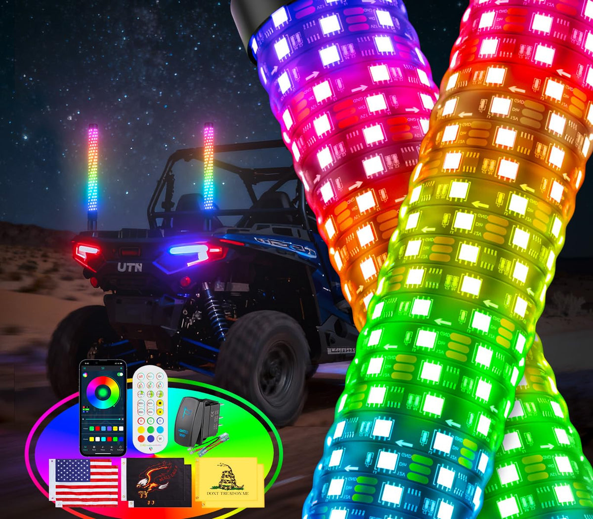 Ehaho front view of two whips showing bright colors and visibility