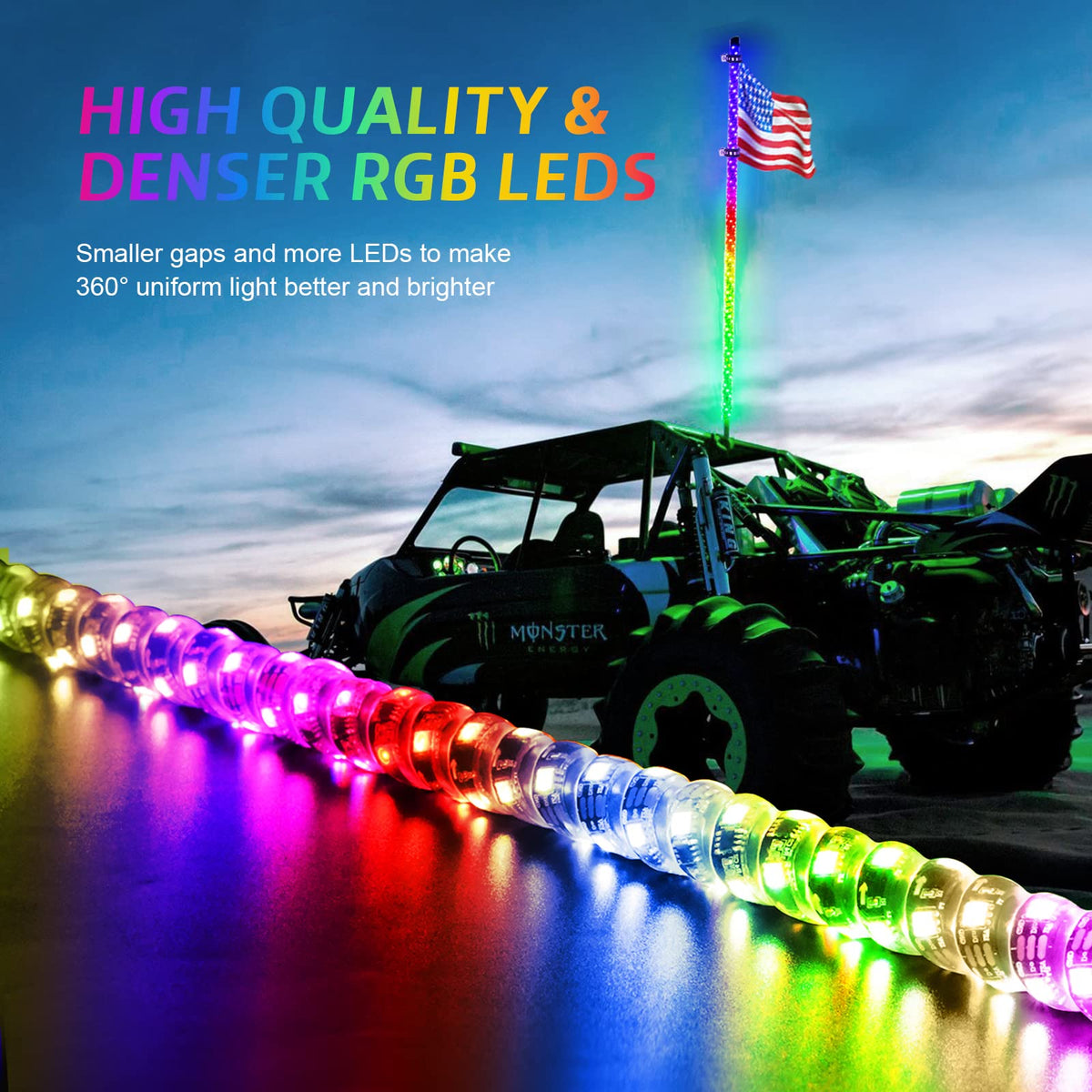 Ehaho whip mounted on UTV side view demonstrating improved night visibility and style