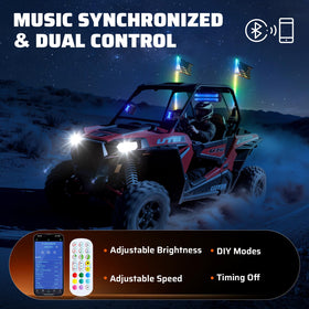Ehaho whip lights mounted on UTV at night, demonstrating bright 360° illumination for safety