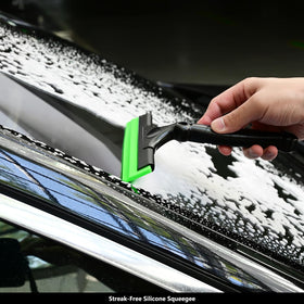Flat lay of EHDIS squeegees with cloth and spray for complete window maintenance kit