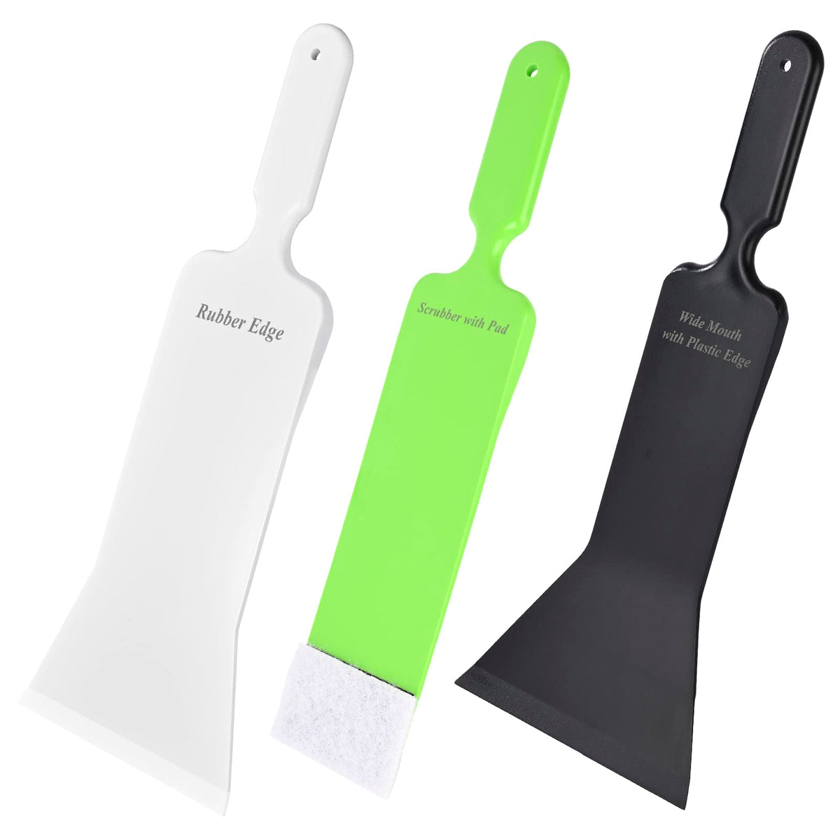 EHDIS front view of three-piece squeegee kit showing handles and blades, easy reach benefit