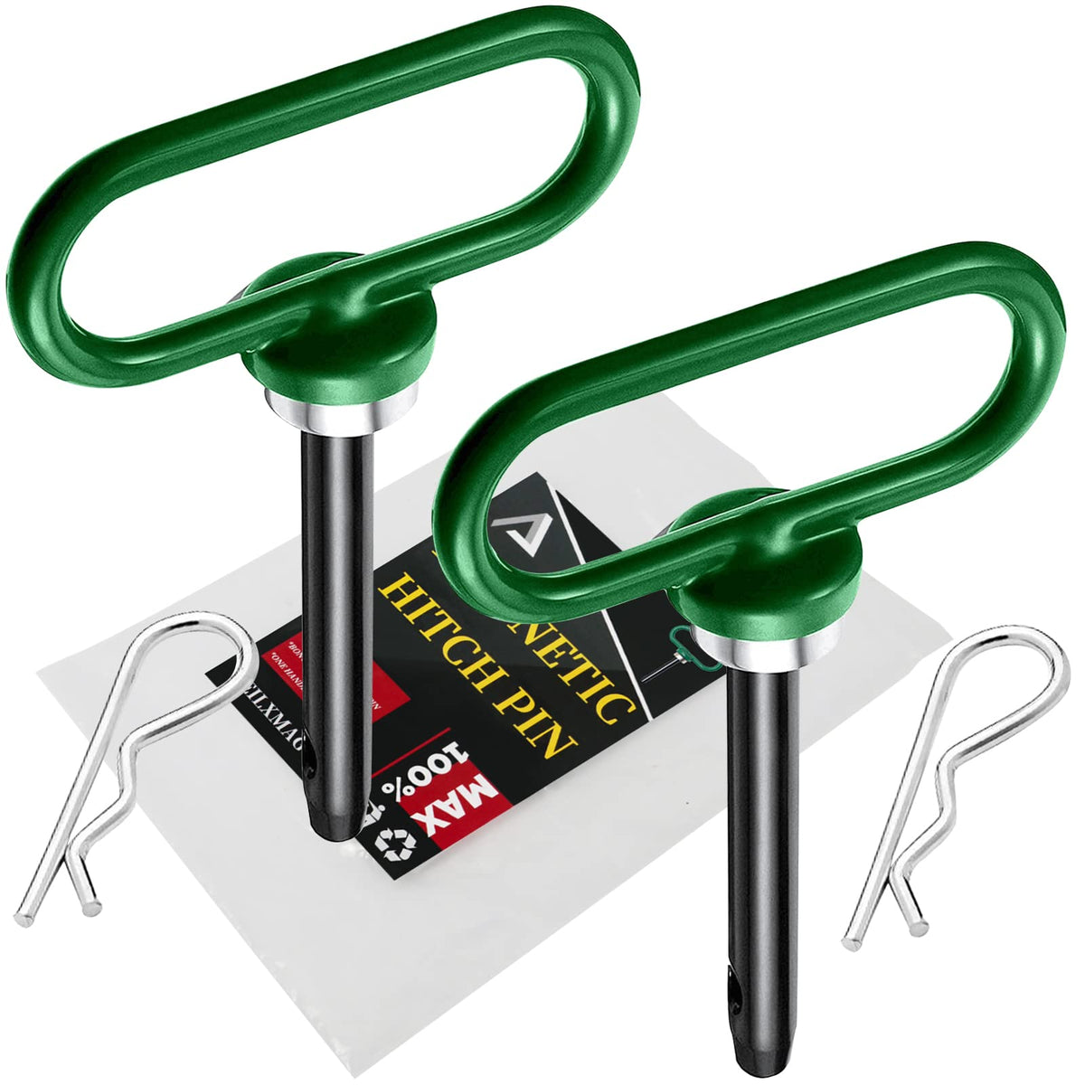 EilxMag front view showing two green magnetic hitch pins for quick hookup