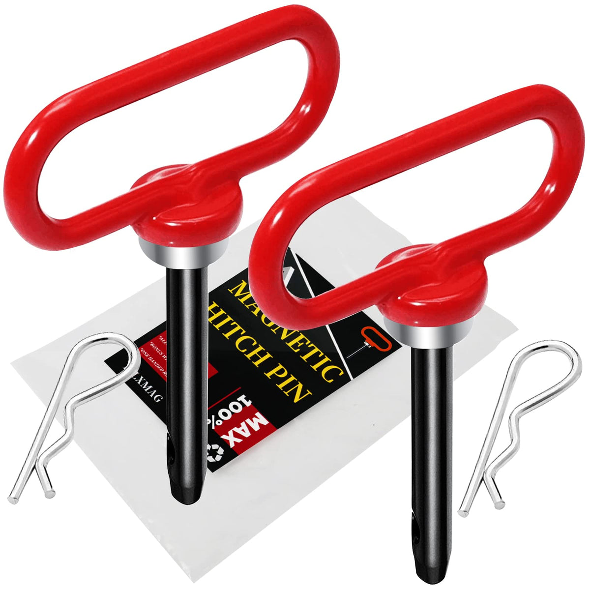 EilxMag front view of two hitch pins showing red handles and compact packing benefit