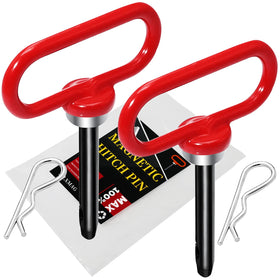 EilxMag front view of two hitch pins showing red handles and compact packing benefit