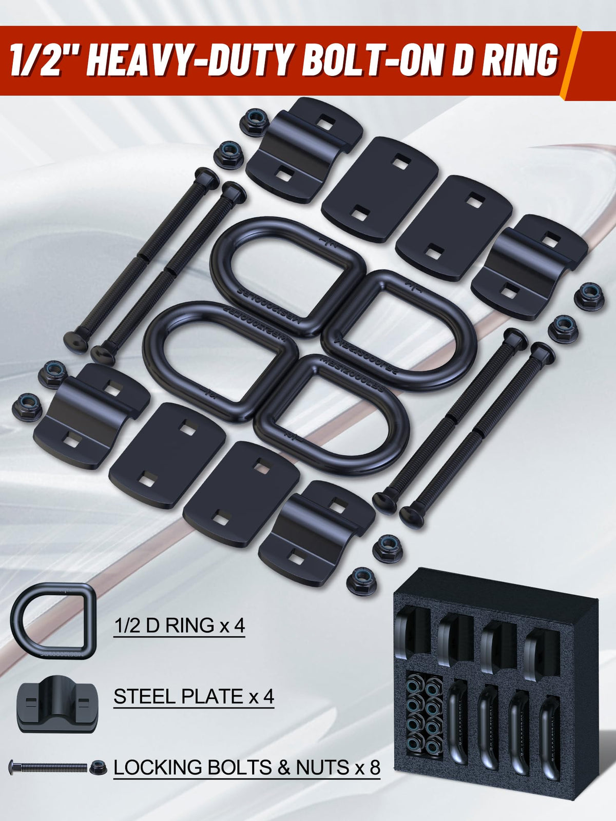 EilxMag hardware included layout showing bolts and locknuts for easy installation