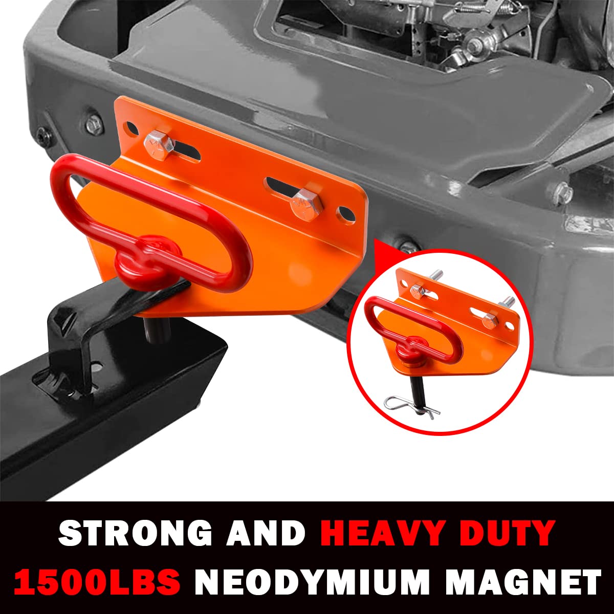 EilxMag hitch mounted on zero-turn mower demonstrating easy installation benefit