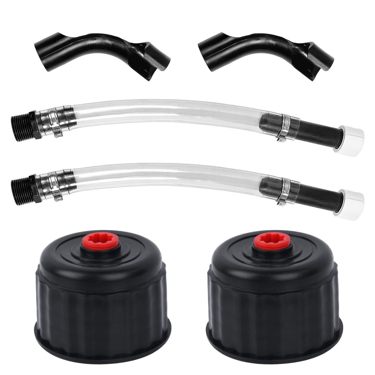 EINDER front view of cap kit showing two caps and hoses for quick replacement