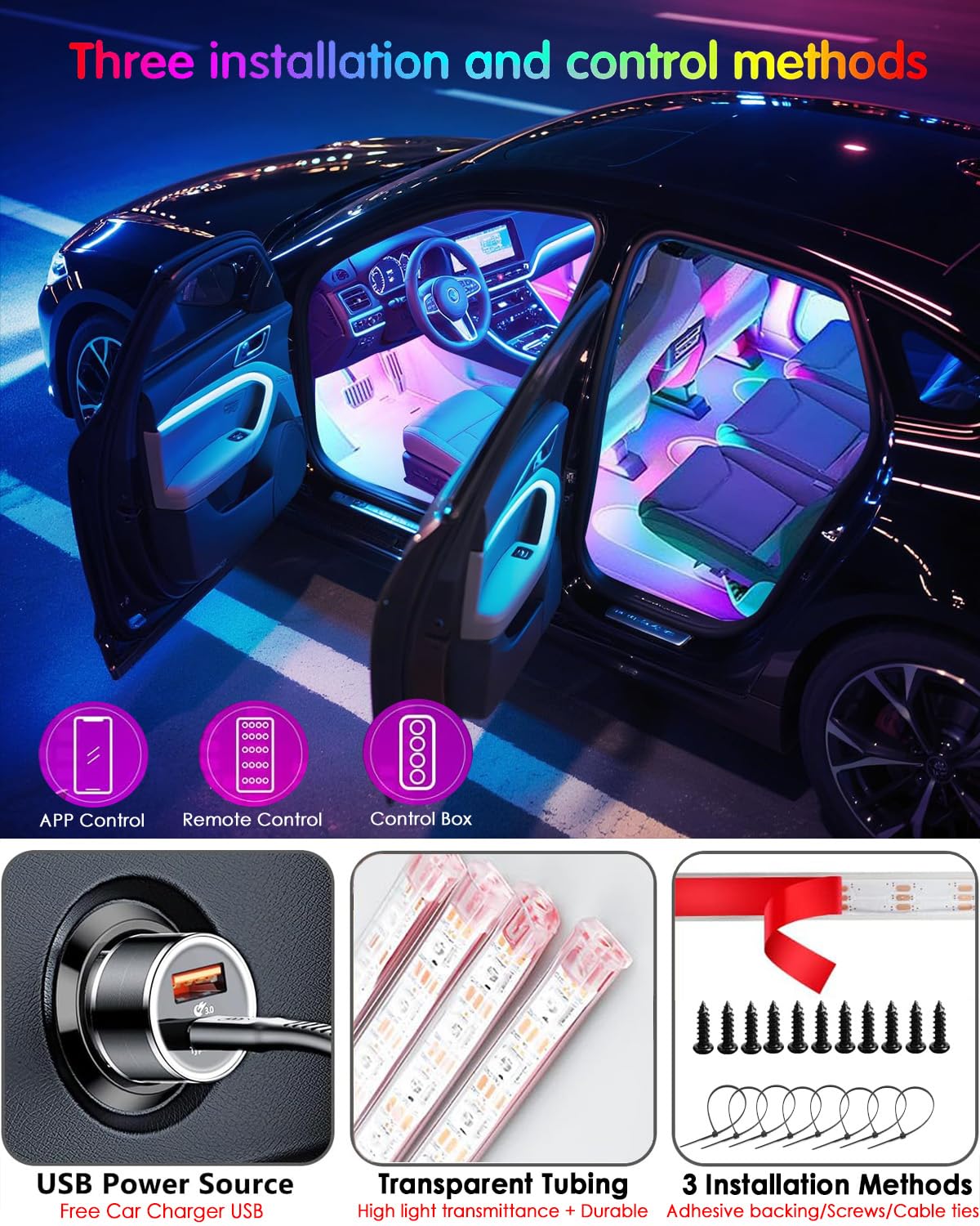 EJ's SUPER CAR app and 40-key RF remote displayed enabling quick color and mode control