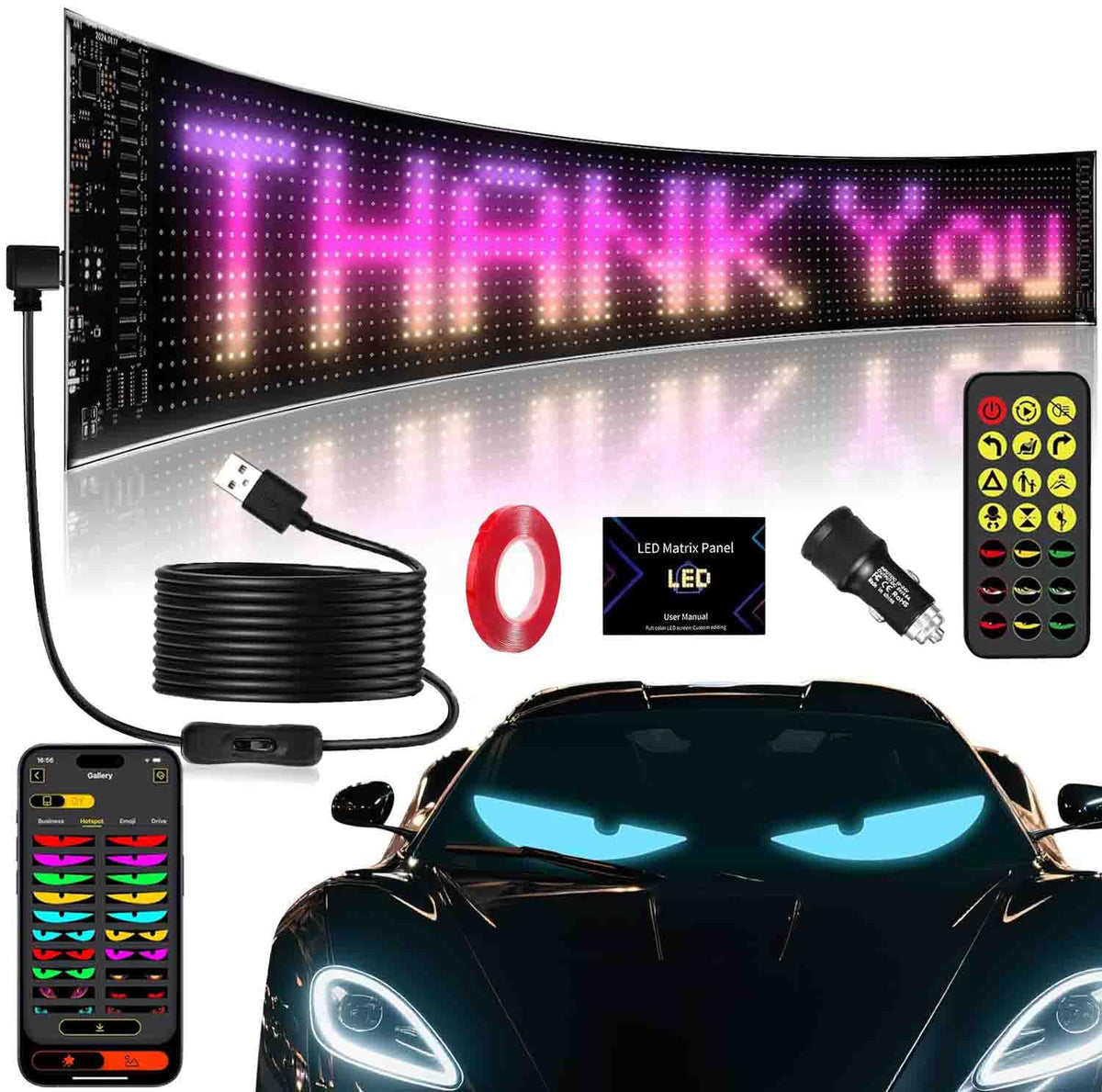 EJ's SUPER CAR front view windshield display showing animated devil eyes, high visual impact