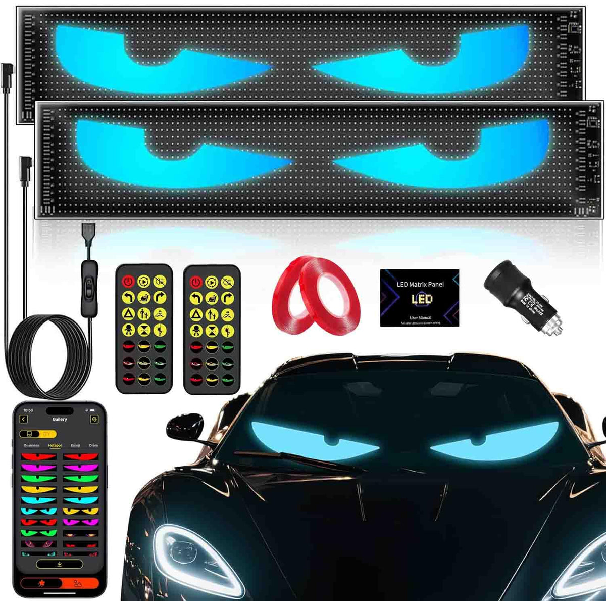 EJ's SUPER CAR front view of paired windshield LED eyes showing bold display benefit