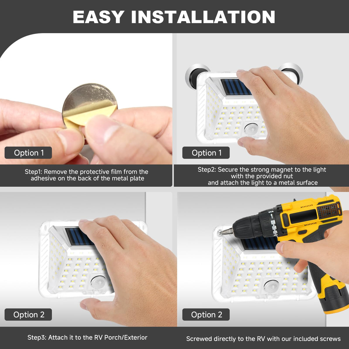 EJYTRVT package contents layout showing two lights, plates and screws for versatile mounting