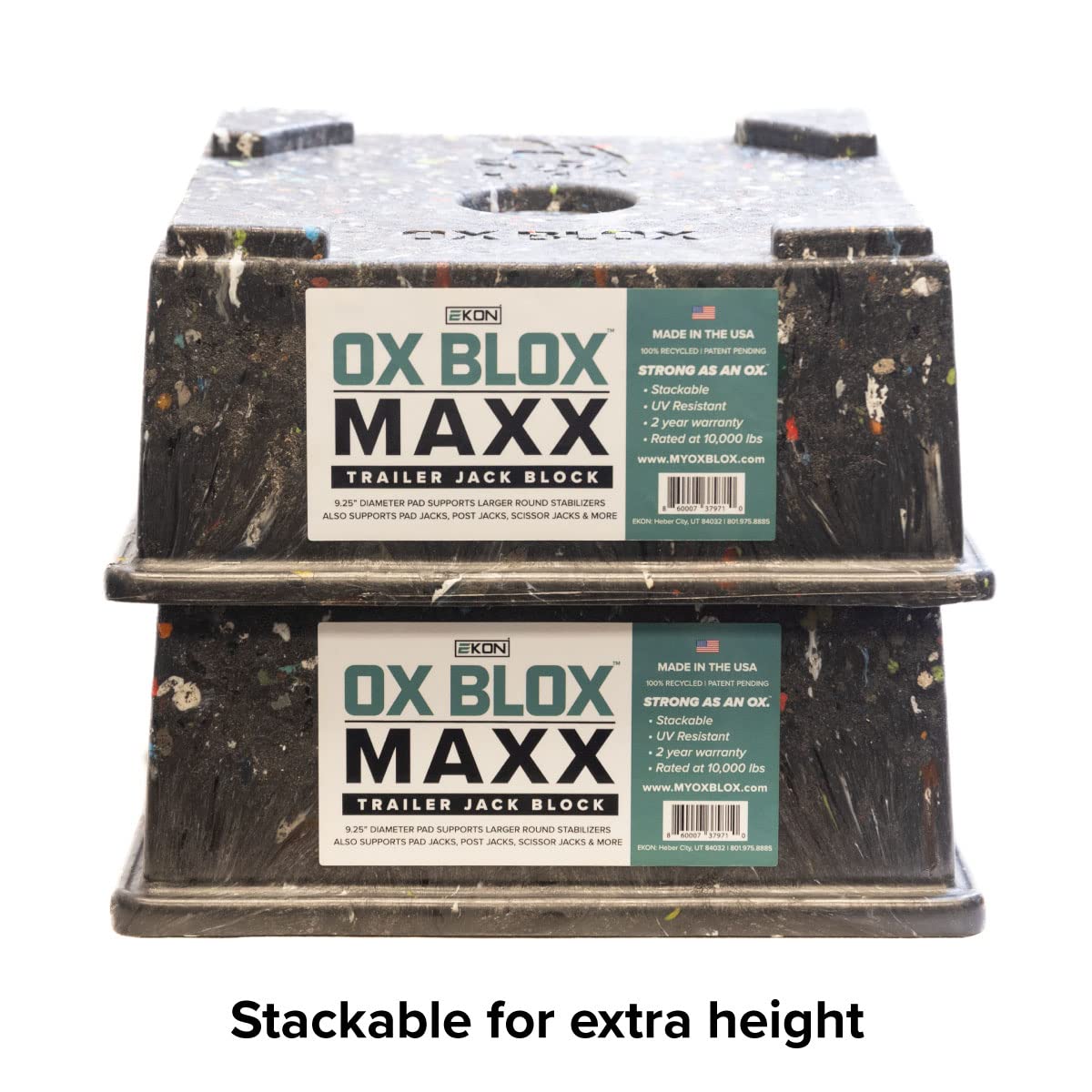 EKON OX BLOX MAXX stacked pack showing durable recycled-plastic construction