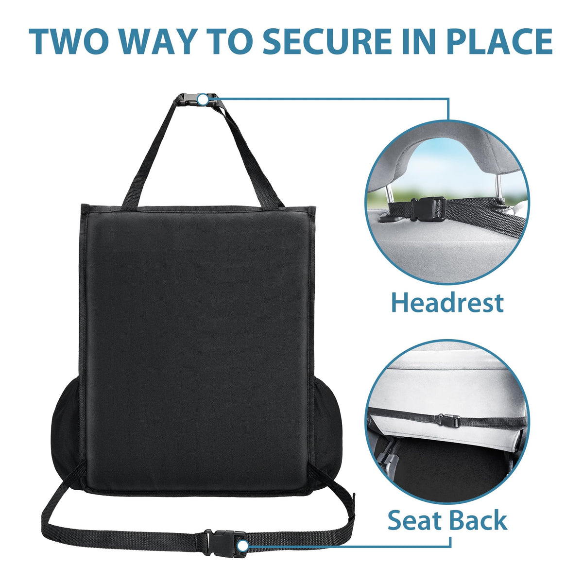 Elantrip installed on headrest keeping items reachable and stable