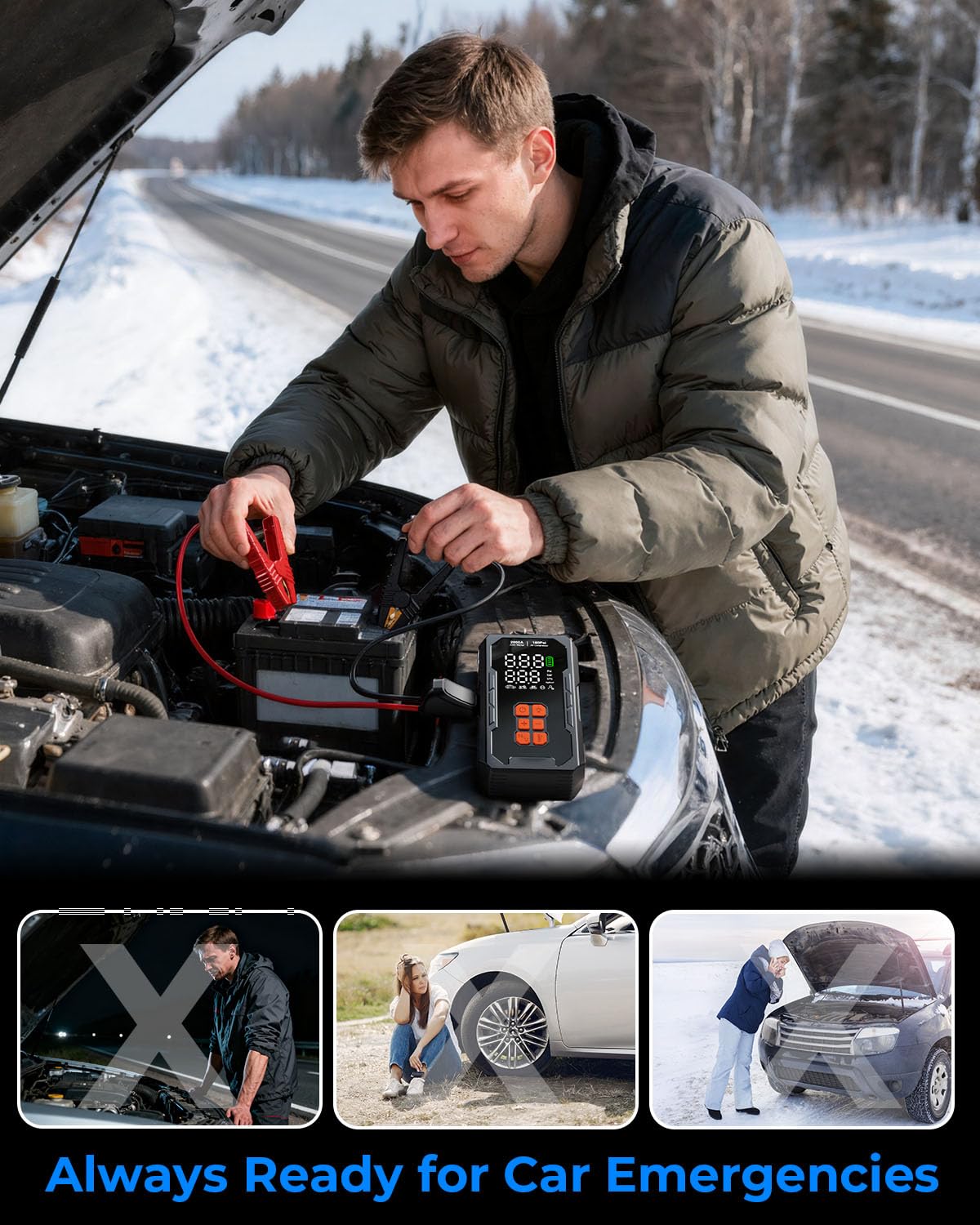 Elccyu inflating a car tire on roadside, quick recovery and peace of mind