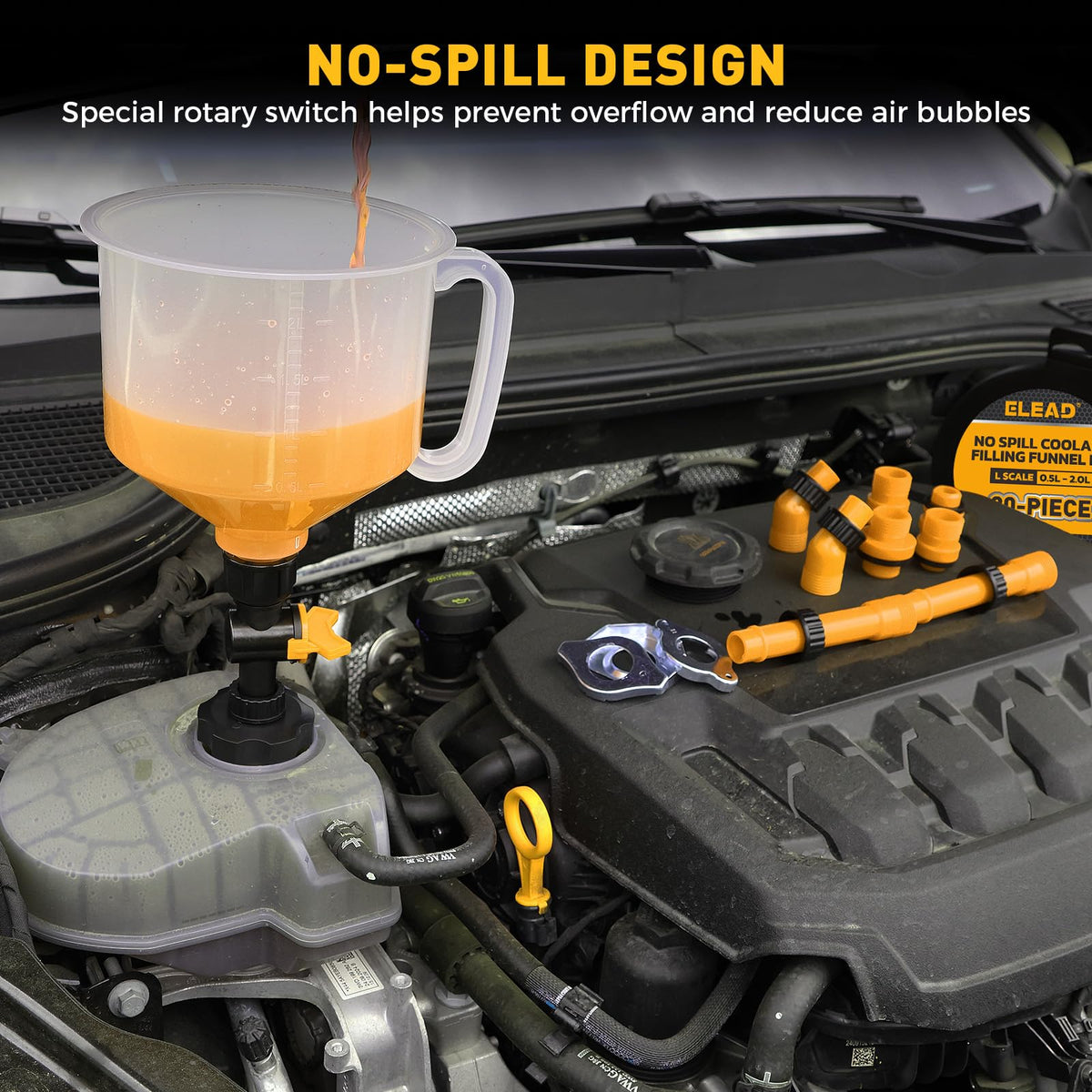 ELEAD absorbent towel beside funnels for quick cleanup and tidy workspace benefit