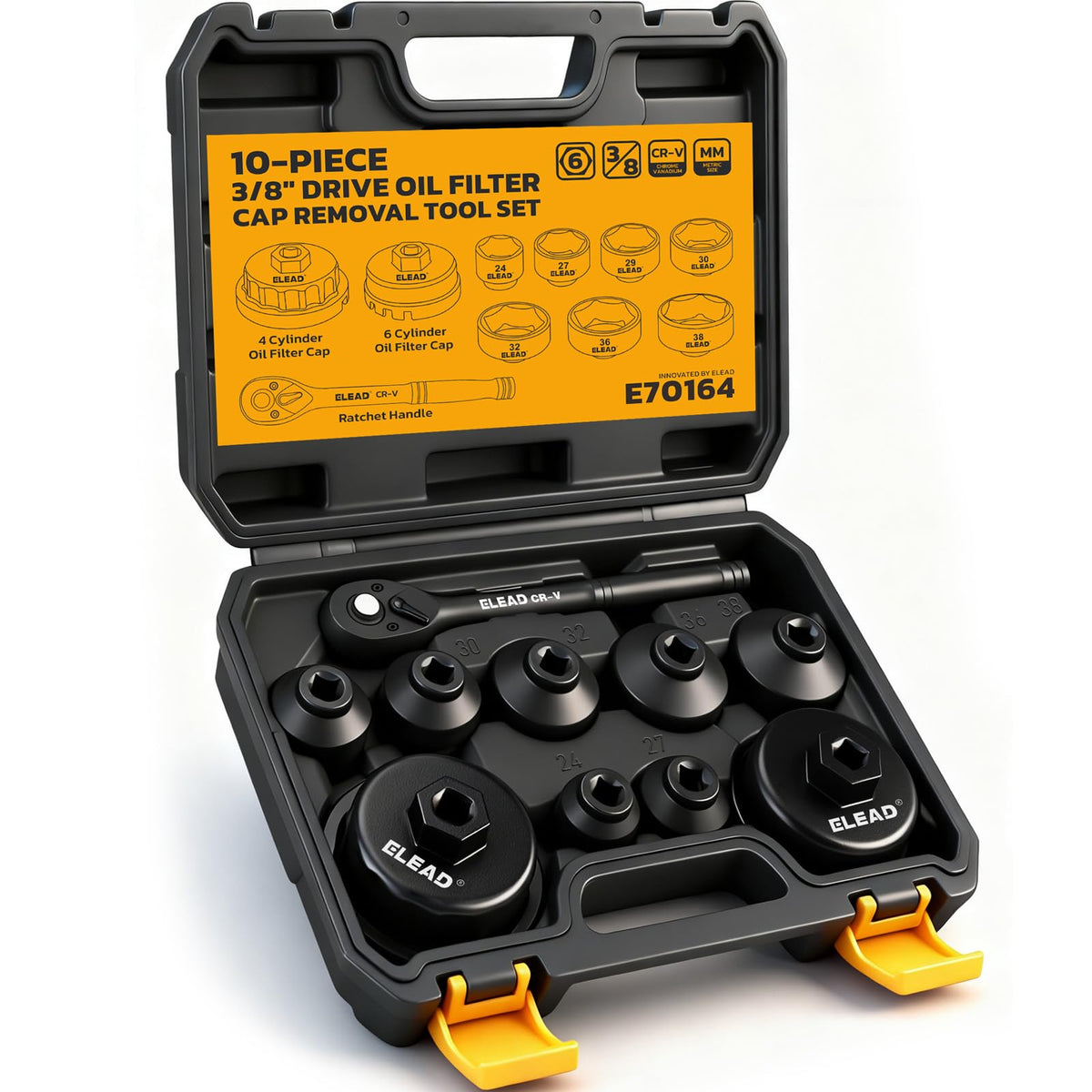 ELEAD front packaging showing complete oil filter socket set and kit benefits