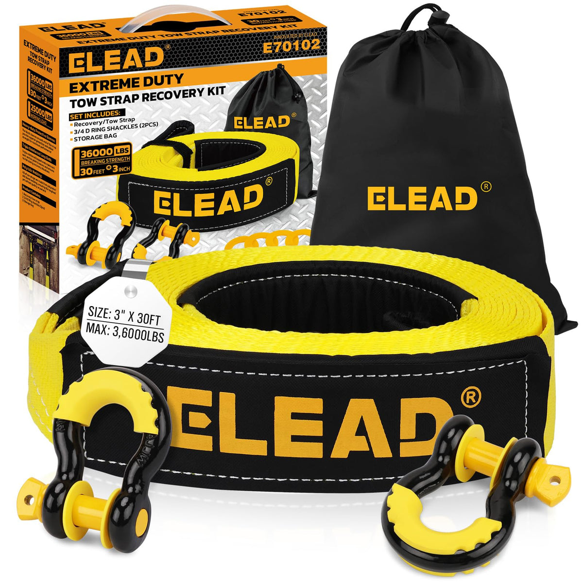 ELEAD front packaging of recovery strap kit showing complete contents and benefit