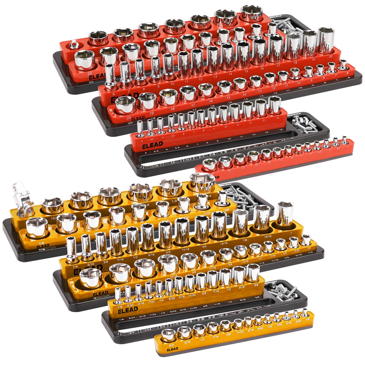 ELEAD front packaging showing six-piece magnetic socket organizer set and benefits
