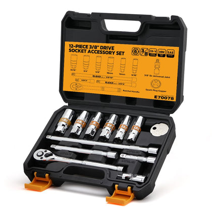 ELEAD front packaging showing full 12-piece spark plug socket set and case benefit