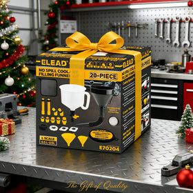 ELEAD funnel kit attached to vehicle reservoir showing hands-free, spill-free filling benefit