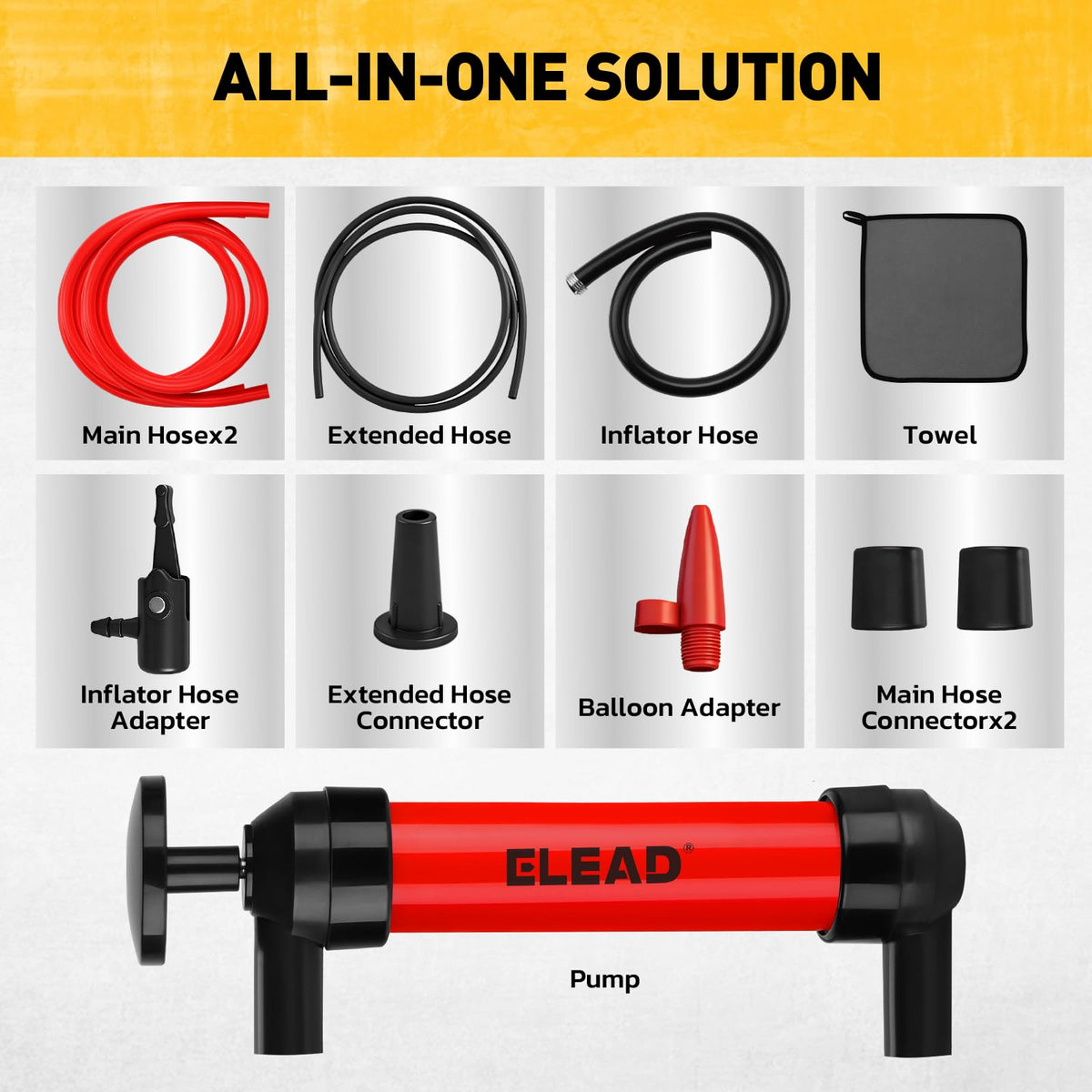 ELEAD inflator hose with adapters displayed for versatile inflation of tires and mattresses