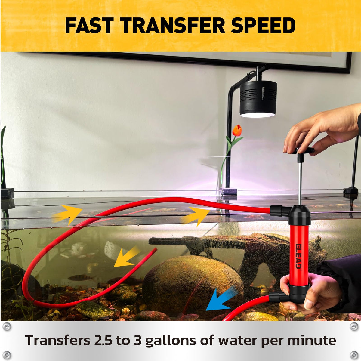 ELEAD pump held in hand for scale showing compact portability for storage and transport