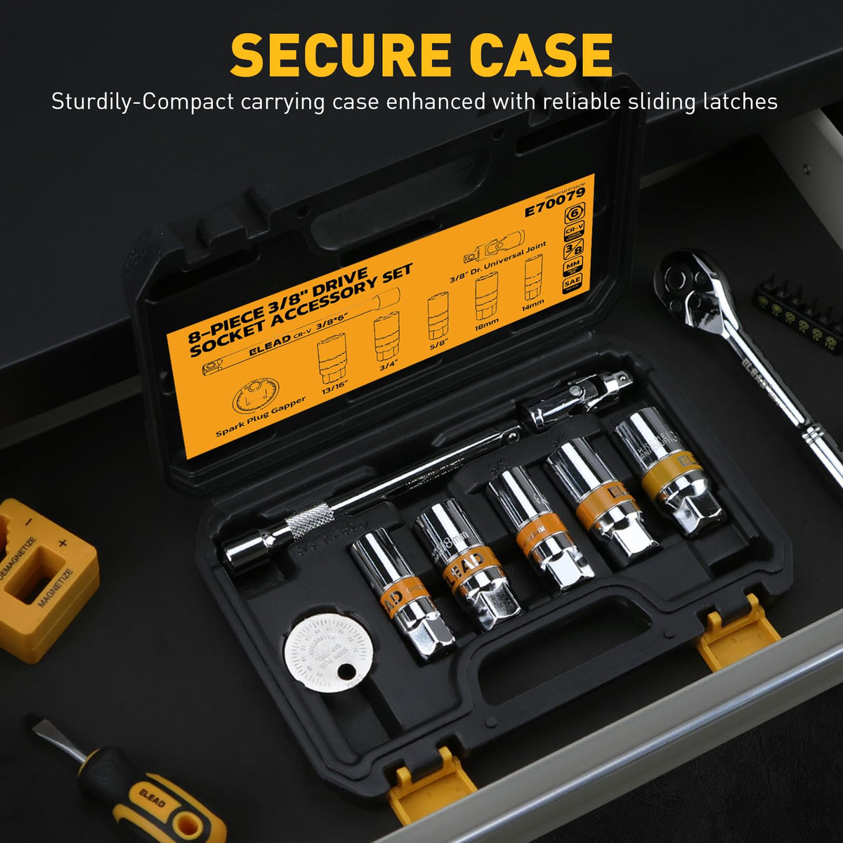 ELEAD sockets beside ratchet showing size and scale for compatibility confirmation