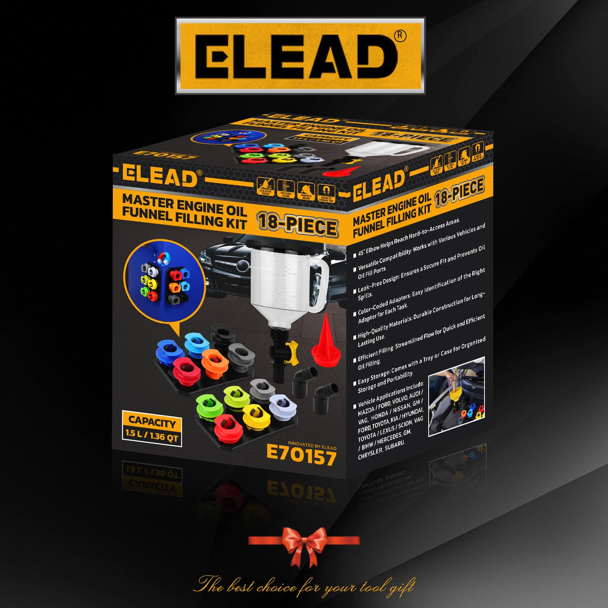 ELEAD funnel kit beside hand showing compact, workshop-friendly scale