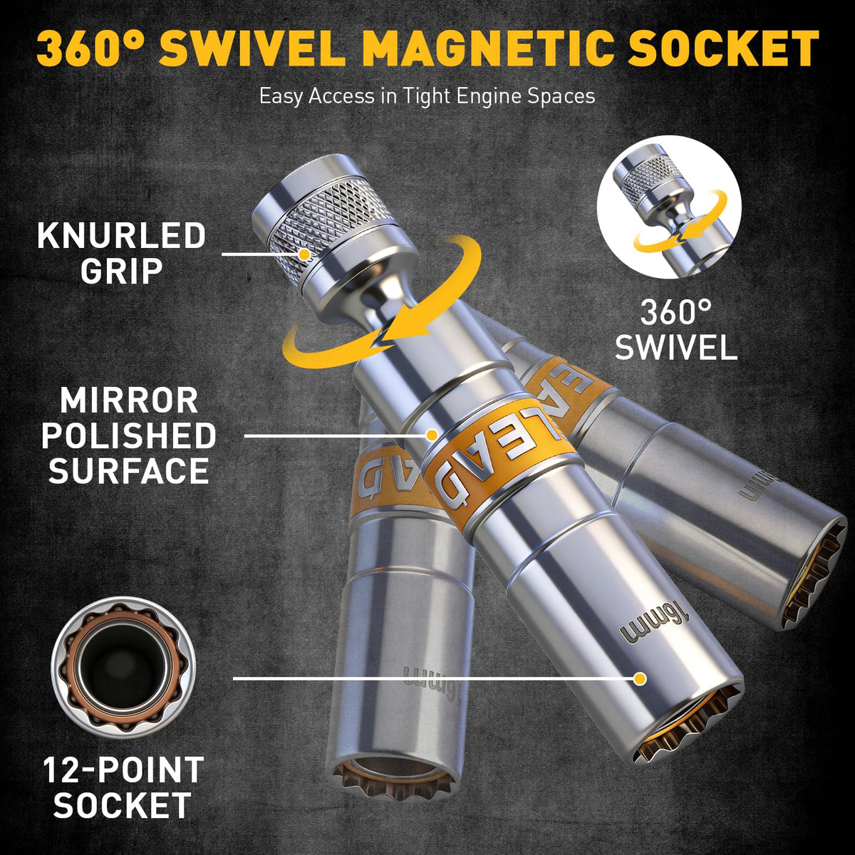 ELEAD array of labeled sockets illustrating size range for versatile spark plug fitment