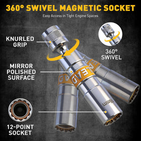 ELEAD array of labeled sockets illustrating size range for versatile spark plug fitment