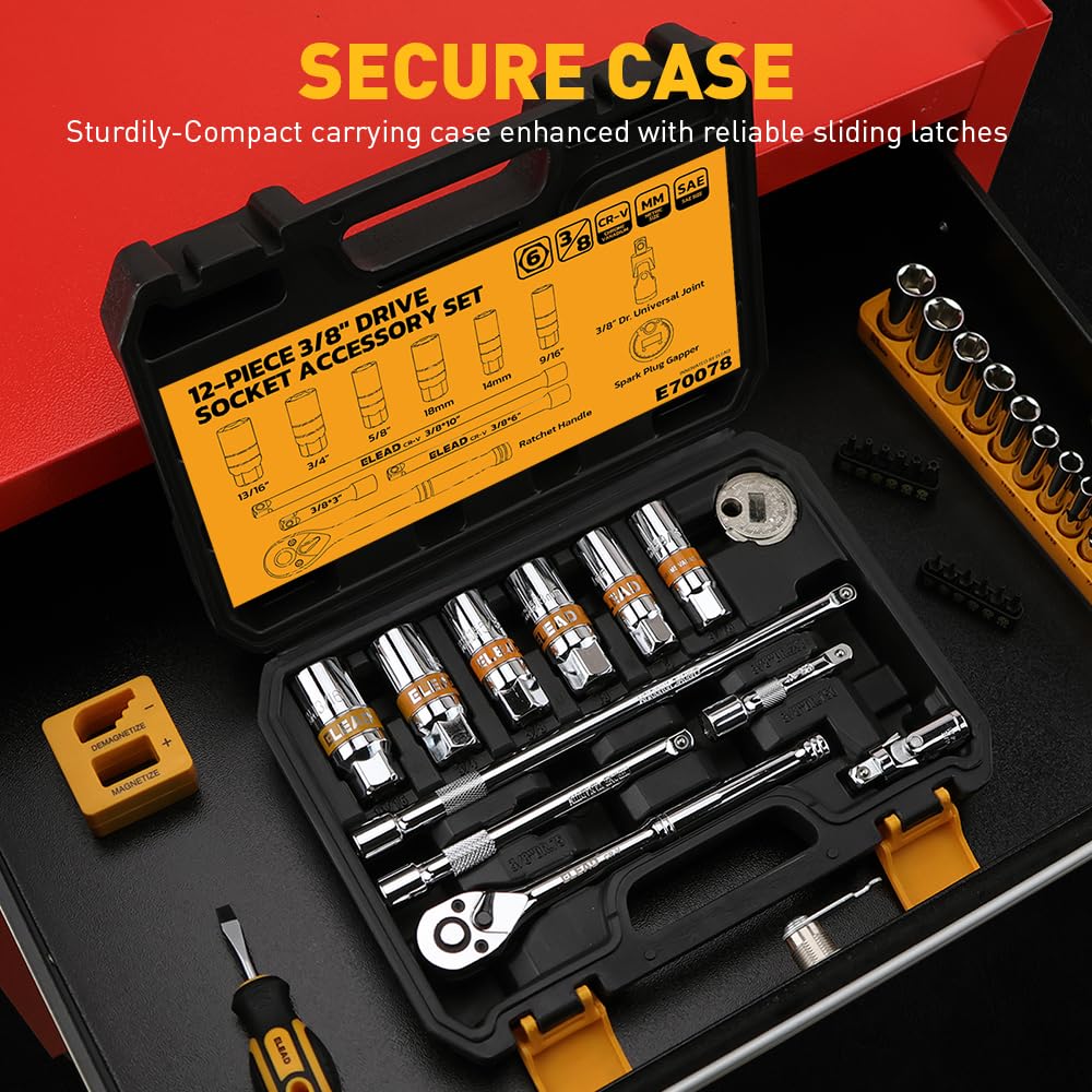 ELEAD sockets neatly organized in molded case for fast access and storage