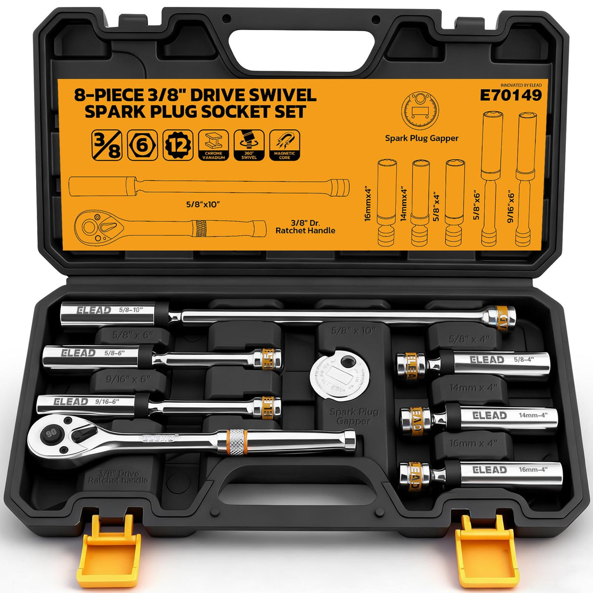 ELEAD open case showing organized spark plug socket kit and quick access
