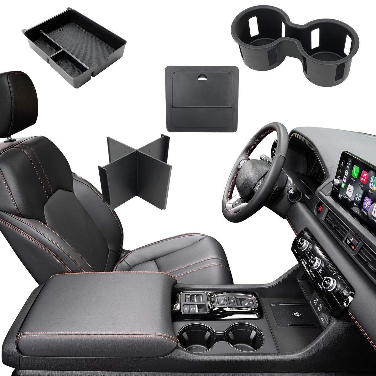 ELECFRESH front view of console organizer showing neat storage benefit