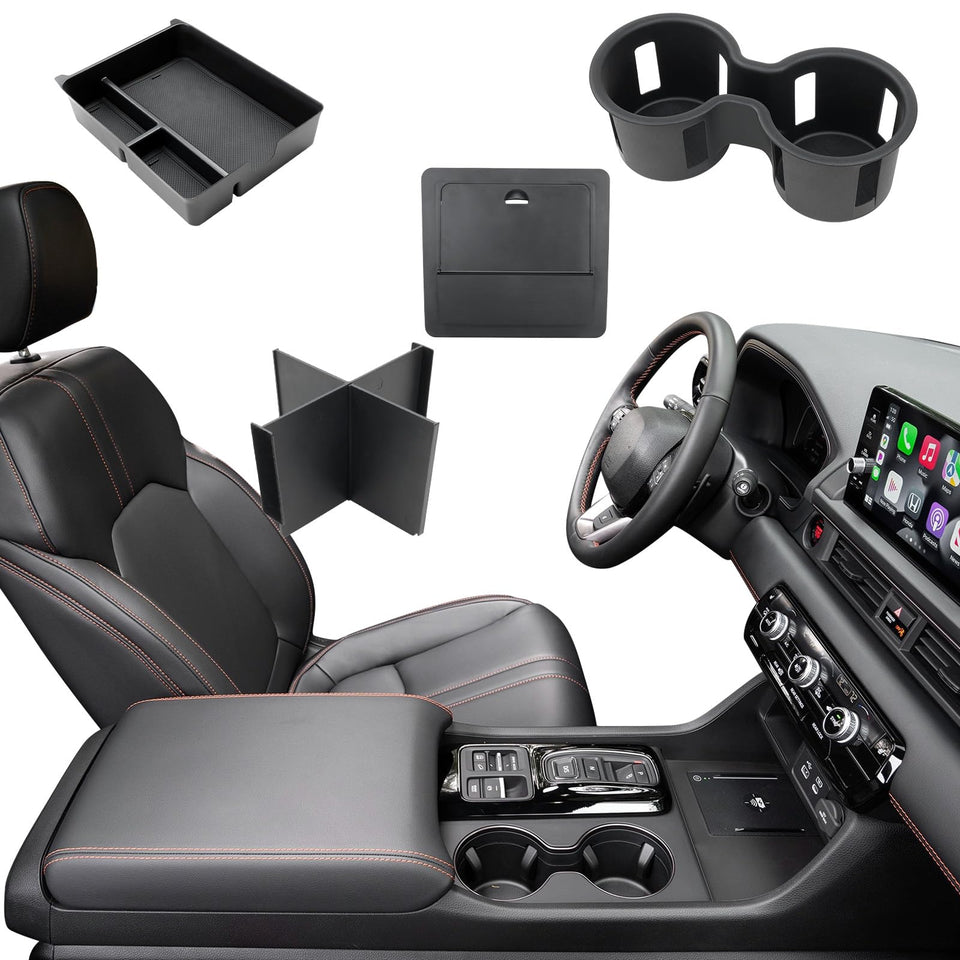 ELECFRESH front view of console organizer showing neat storage benefit