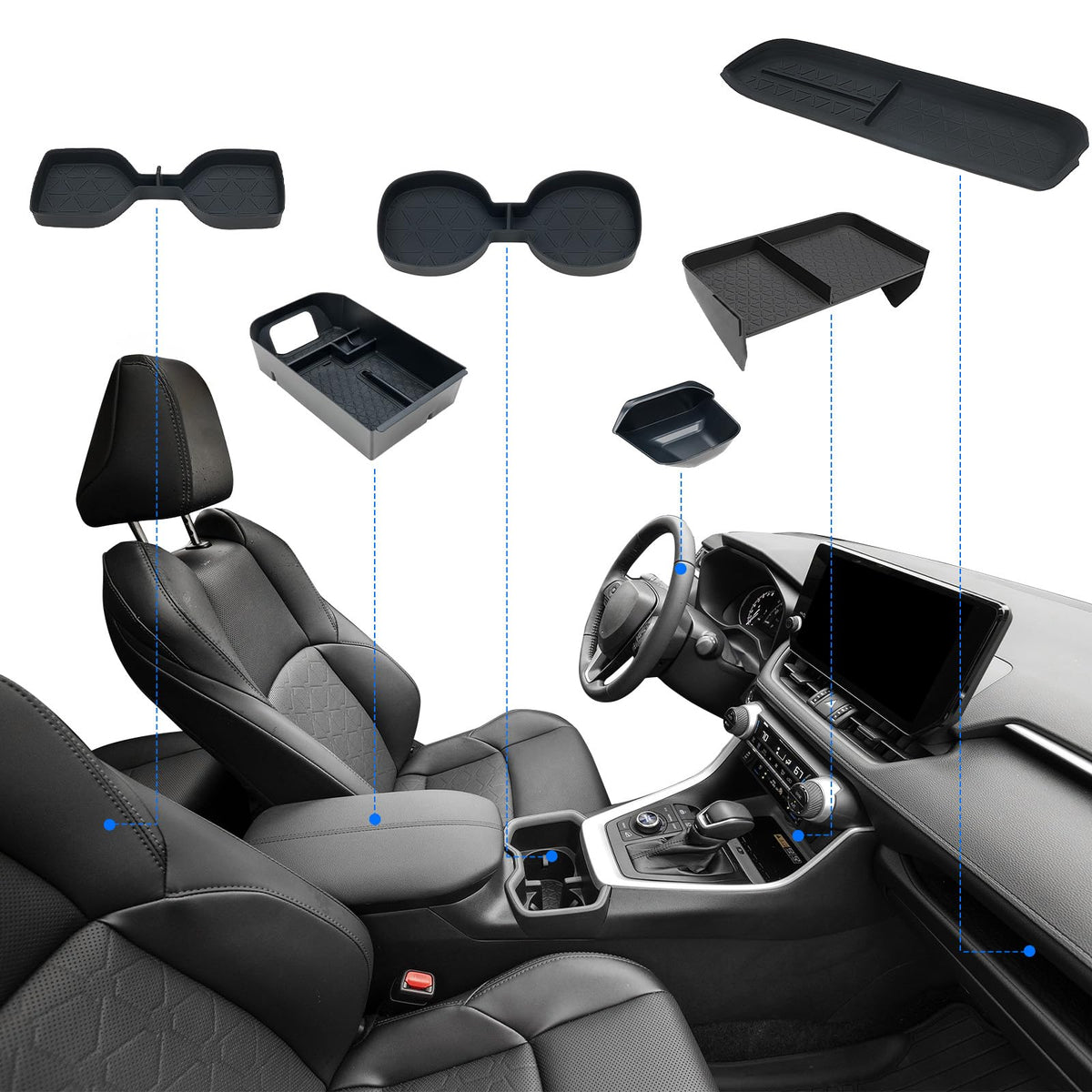 ELECFRESH front view of 6-piece console organizer showing neat packaging and fit benefits