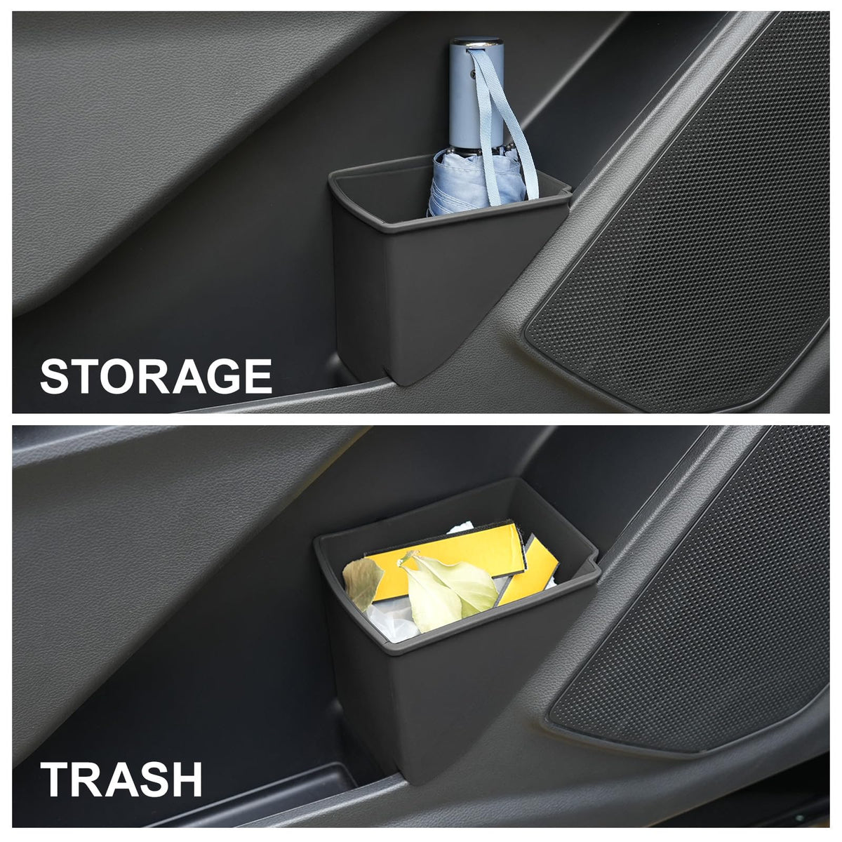 ELECFRESH trash can in door pocket demonstrating exact fit and clutter reduction