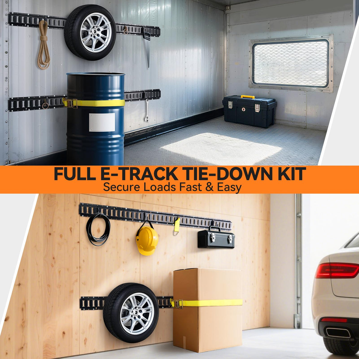 Elechomes organized garage with E-track layout, efficient storage and access