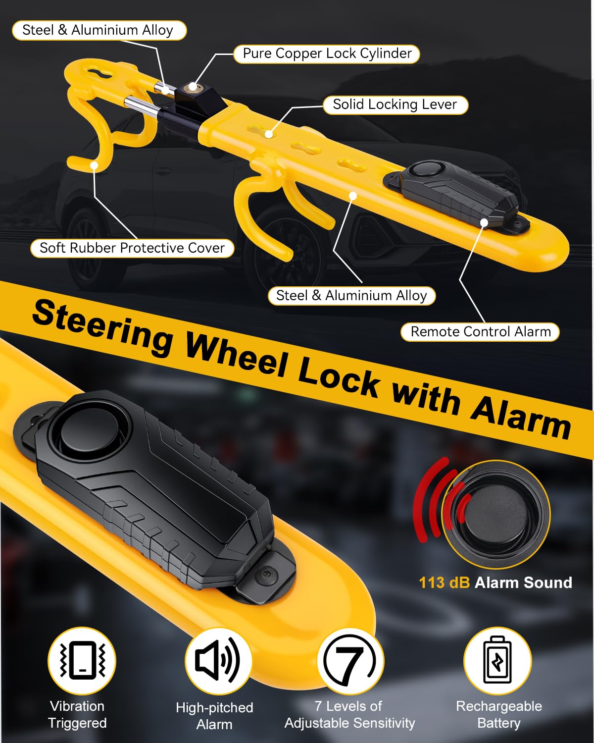 ELECTOP alarm module close-up highlighting 113dB sensor for immediate detection
