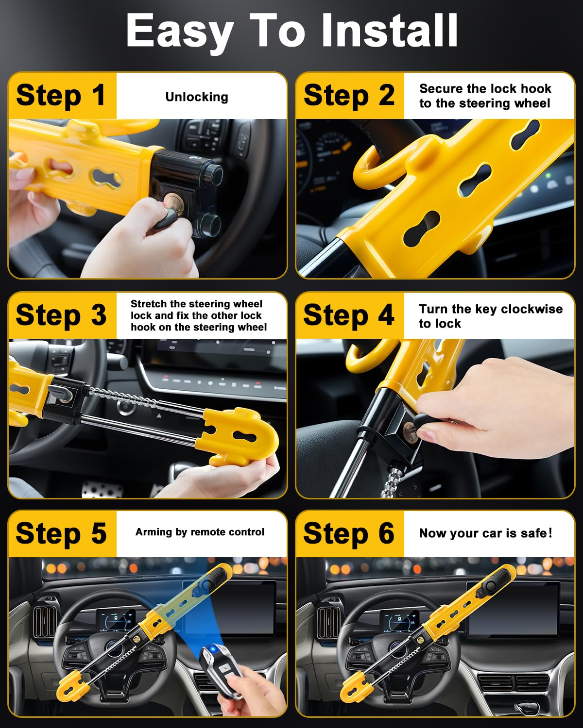 ELECTOP lock installed on steering wheel demonstrating easy secure fit and protection