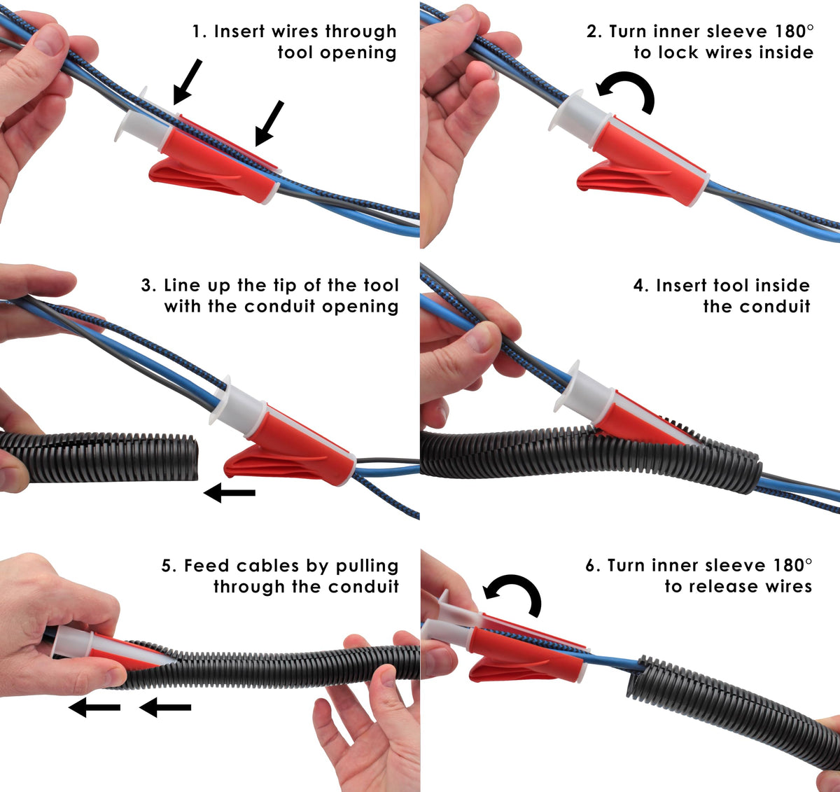 Electriduct close-up of tapered tip guiding wires smoothly into sleeving