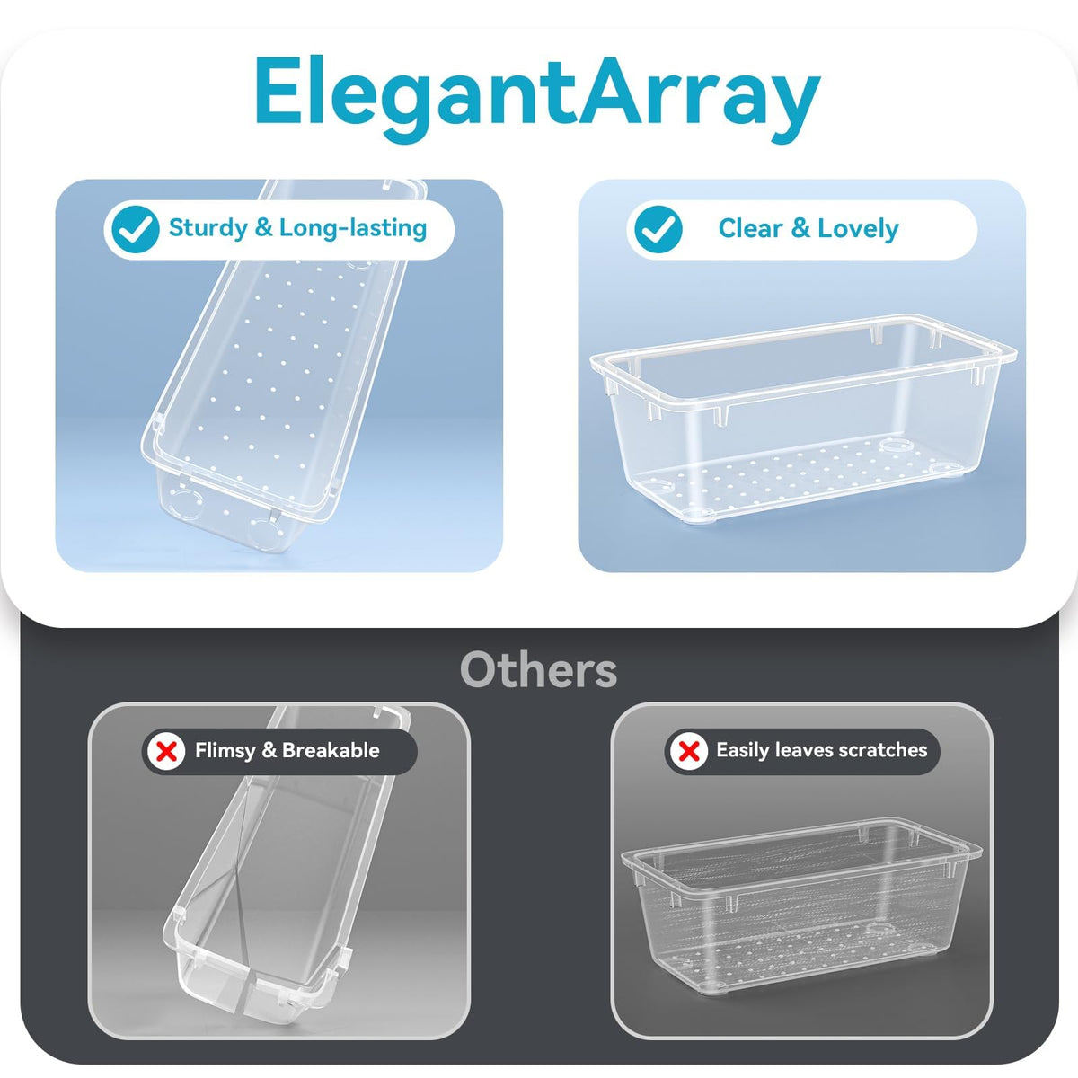 ElegantArray close-up of clear plastic texture showing durable non-scratch benefit